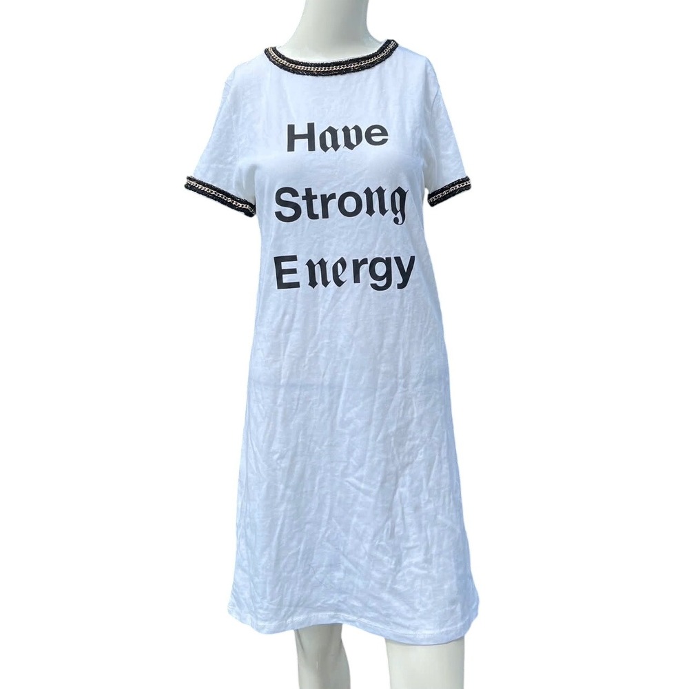 Zara White Have Strong Energy Graphic T-Shirt Dress Chain Trim Women Small